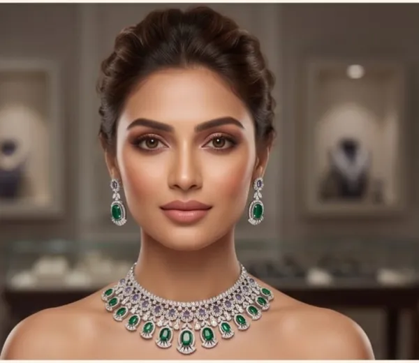 Silver_Emerald_Studded_Statement_Necklace_and_Earrings_Set_for_Women
