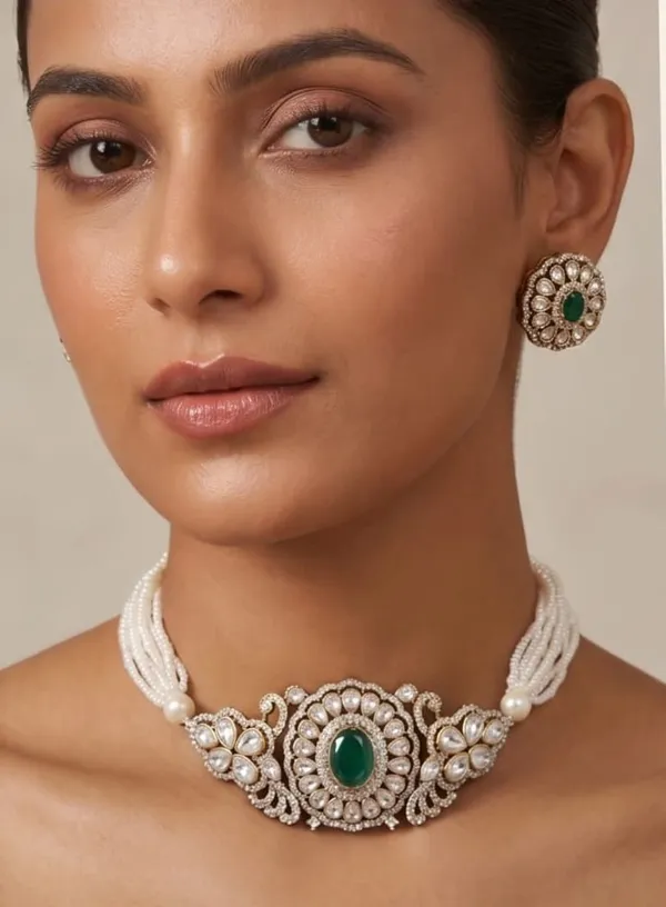 Gold_Toned_Pearl_Kundan_Emerald_Choker_Necklace_Set