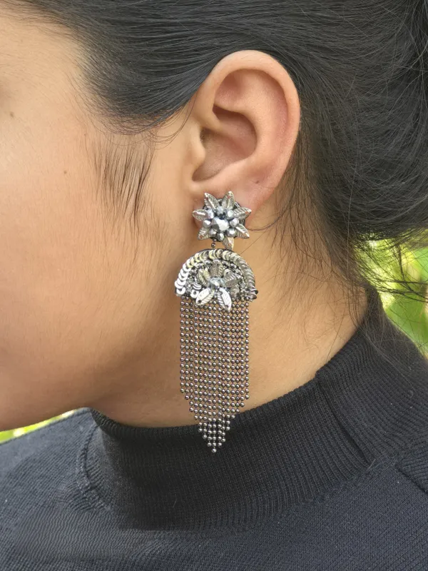 Crystal_Flower_Statement_Earrings_With_Silver_Chain_Tassel