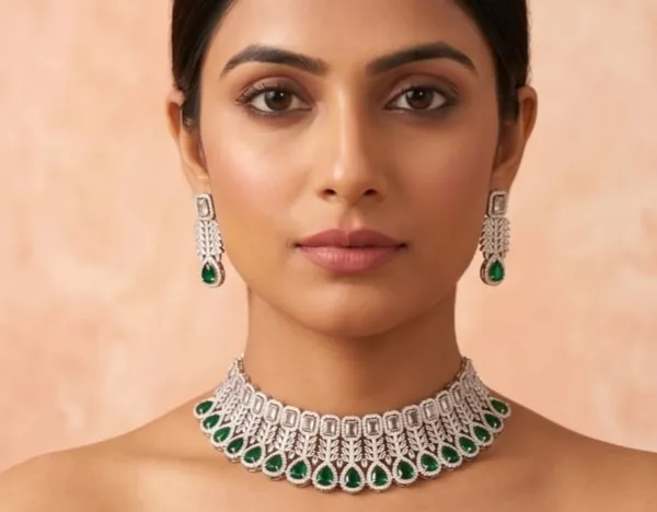 Silver_Toned_Emerald_Studded_Choker_Necklace_Earrings_Set