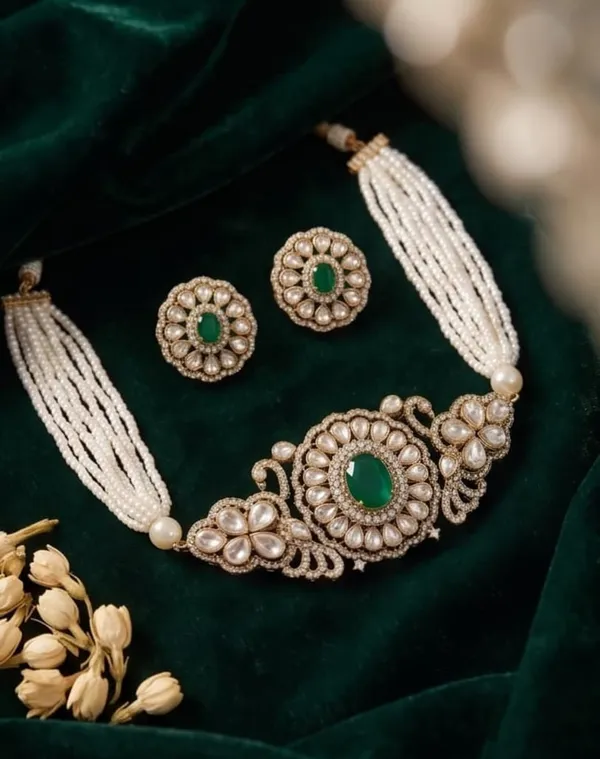 Gold_Toned_Pearl_Kundan_Emerald_Choker_Necklace_Set