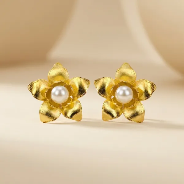 Golden_Flower_Stud_Earrings_With_Pearl_Center