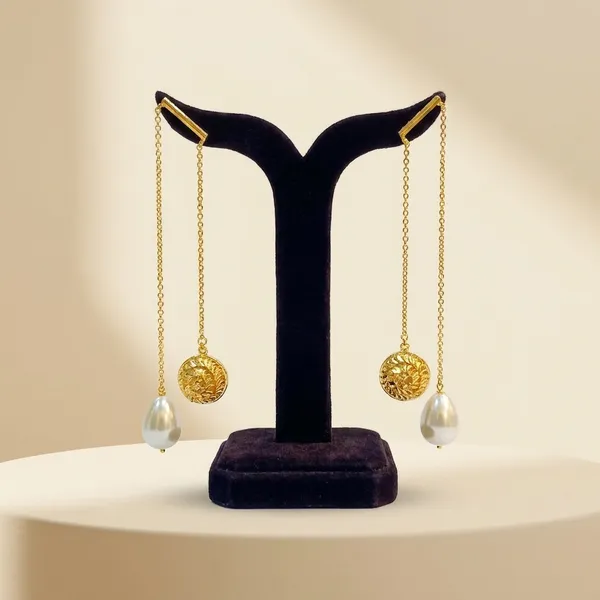 Gold-Toned_Chain_Drop_Earrings_With_Textured_Medallion_And_Pearl_Dangles