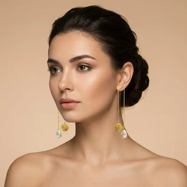 Gold-Toned_Chain_Drop_Earrings_With_Textured_Medallion_And_Pearl_Dangles