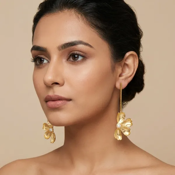 Golden_Flower_Drop_Earrings_With_Pearl_Center