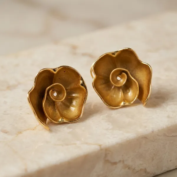Golden_Flower_Stud_Earrings_With_Spiral_Design