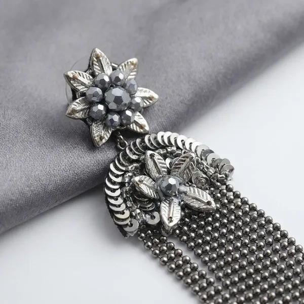 Crystal_Flower_Statement_Earrings_With_Silver_Chain_Tassel