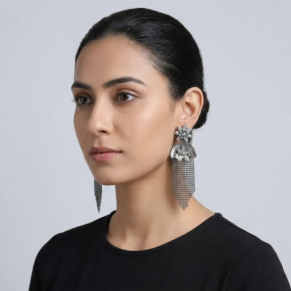 Crystal_Flower_Statement_Earrings_With_Silver_Chain_Tassel