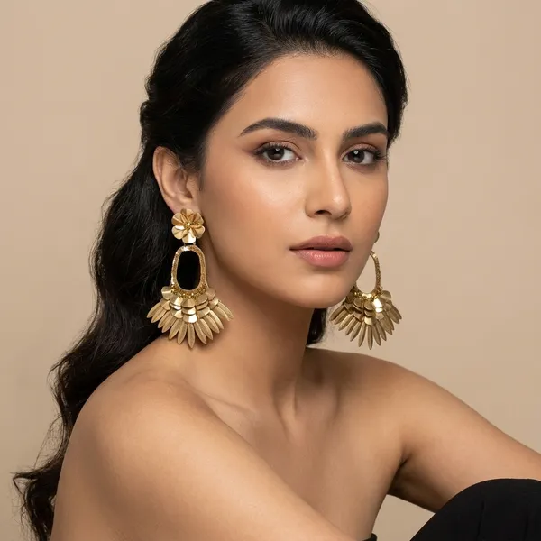Traditional_Gold-Toned_Statement_Earrings_With_Floral_Stud_And_Layered_Petal_Drop