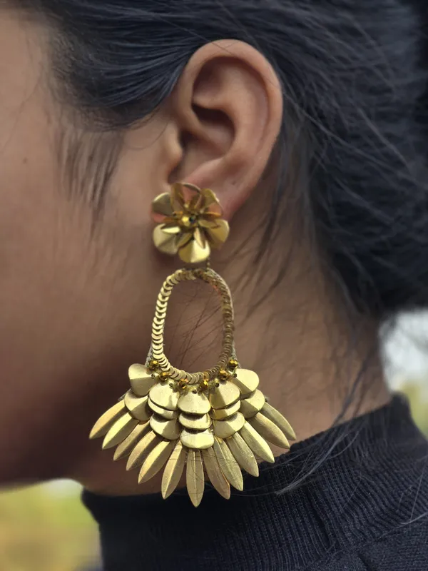 Traditional_Gold-Toned_Statement_Earrings_With_Floral_Stud_And_Layered_Petal_Drop