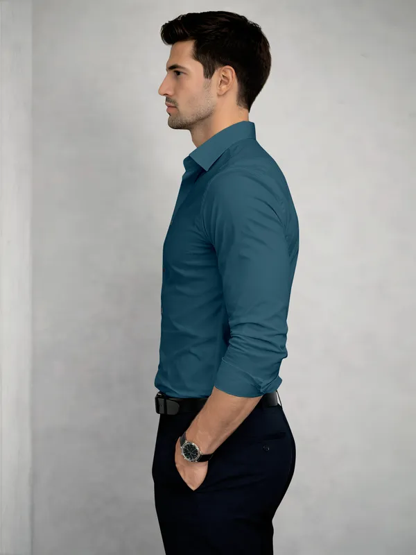 Petrol_Green_Cotton_Blend_Slim_Fit_Shirt_Men