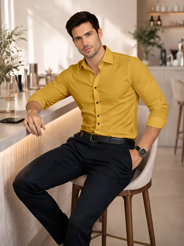 Yellow_Cotton_Blend_Slim_Fit_Shirt_Men