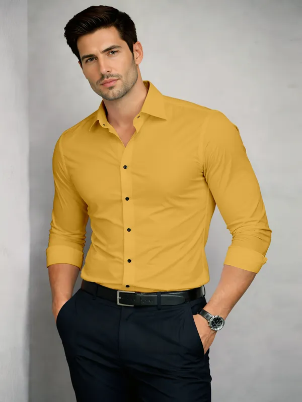 Yellow_Cotton_Blend_Slim_Fit_Shirt_Men