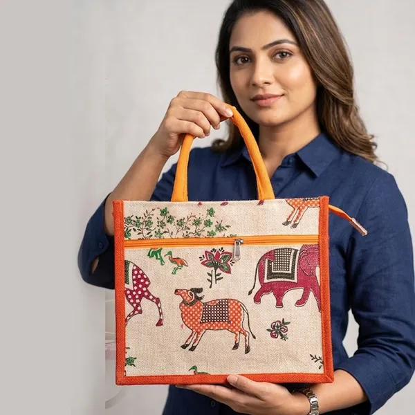 Printed_Orange_Designer_Jute_Bag