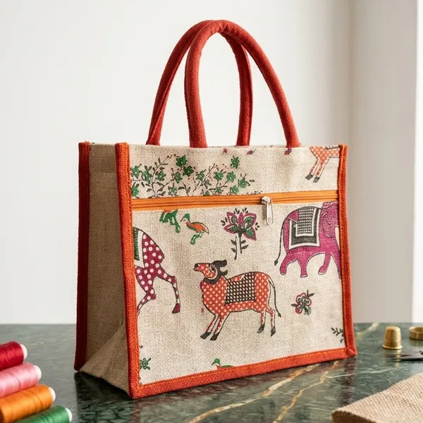 Printed_Orange_Designer_Jute_Bag