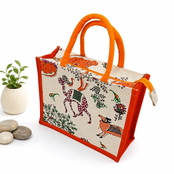 Printed_Orange_Designer_Jute_Bag