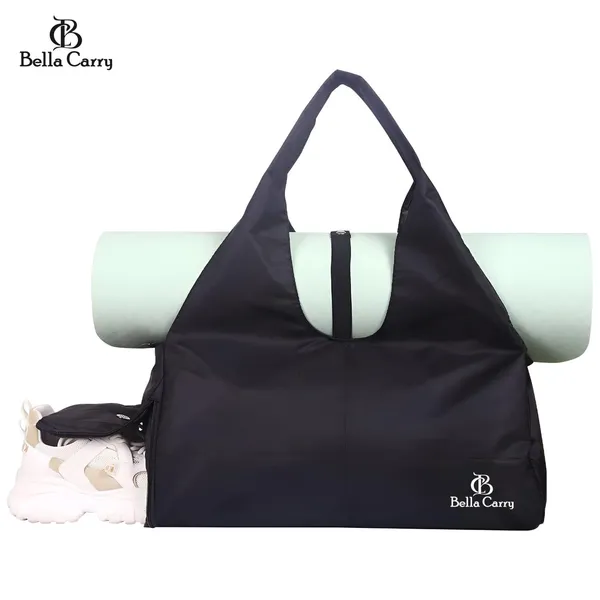 Black_Polyurethane_Zipper_Gym_Duffle_Bag_With_Shoe_Compartment_For_Girls
