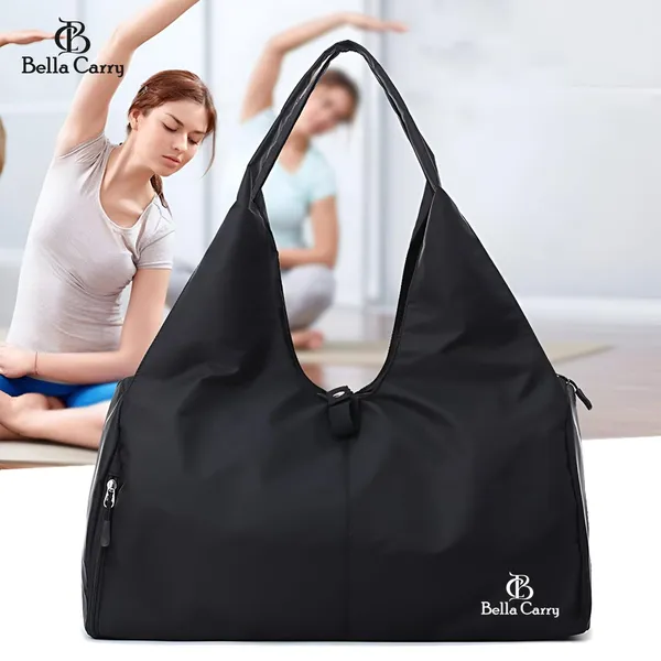 Black_Polyurethane_Zipper_Gym_Duffle_Bag_With_Shoe_Compartment_For_Girls