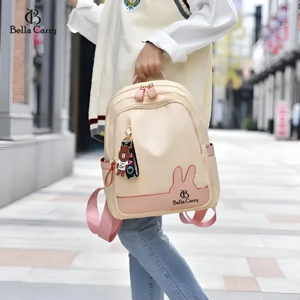 Cream_Polyurethane_Zipper_Backpack_For_Girls