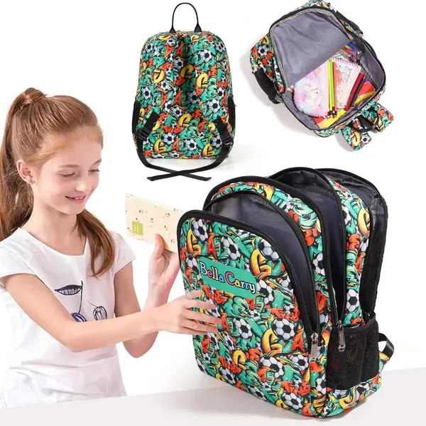 Graffiti_Green_Polyurethane_Zipper_Backpack_For_Baby_Girls