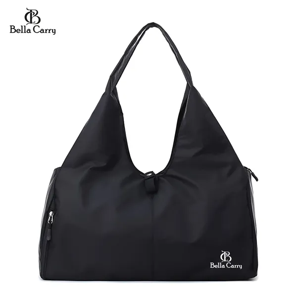Black_Polyurethane_Zipper_Gym_Duffle_Bag_With_Shoe_Compartment_For_Girls