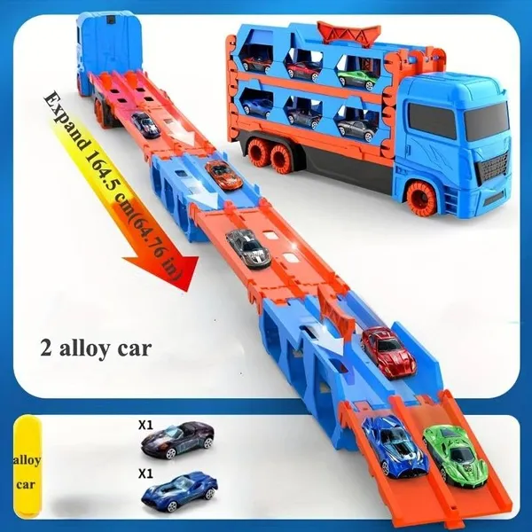 Big_Truck_Carrier_Race_Track_Folding_78-Inch_Toy_Truck_Transport_Car_Carrier_Track_&_2_Diecast_Metal_Toy_Cars_Hauler_Truck_Car_Toys_Track_Set_Gifts_For_Age_3-10_Yr_Old_Kids_(Blue_Trailer)