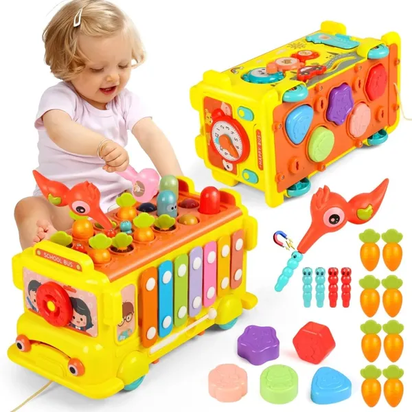 School_Bus_Activity_Toy_For_Kids_Educational_Multifunctional_Pull_Along_Bus_With_Gears,_Teaching_Clock,_Fishing_Game_Color_Matching_Shape_Puzzles_Whack-A-Mole_Toddler_Musical_Toy_For_1-5_Yrs