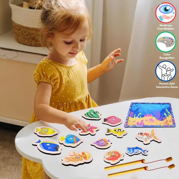 15_Pieces_Wooden_Magnetic_Fishing_Game_For_Kids_12_Fishes_2_Stick_1_Pool_Tray_Magnet_Fish_Game_Wooden_Magnetic_Fishing_Toys_For_Kindergarten_Preschool_Kids_Girl_Boy_(Fish_Tray)