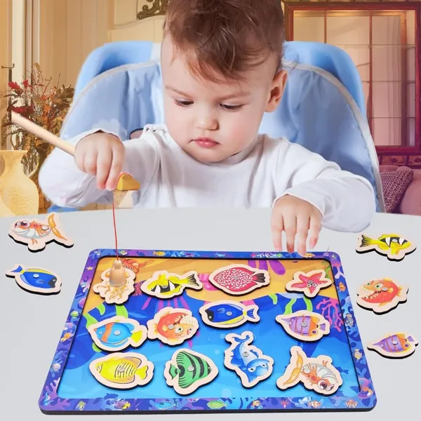 15_Pieces_Wooden_Magnetic_Fishing_Game_For_Kids_12_Fishes_2_Stick_1_Pool_Tray_Magnet_Fish_Game_Wooden_Magnetic_Fishing_Toys_For_Kindergarten_Preschool_Kids_Girl_Boy_(Fish_Tray)