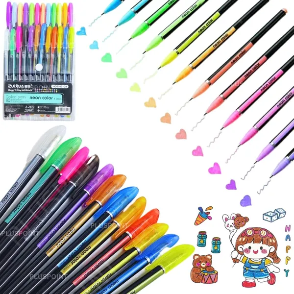 24_Colouring_Gel_Pens_12_Color_Neon_12_Glitter_Pens_Fine_Tip_Art_Markers_Set_Colored_Gel_Pens_For_Coloring_Book,_Drawing,_Doodling,_Scrapbook_Journaling,_Sparkle_Pen_Gifts_For_Kids