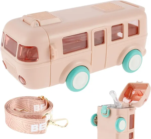 Bus_Water_Bottle_For_Kids_Detachable_Bus_Straw_Water_Cup_With_Shoulder_Strap_Leak-Proof_Kids_Drink_Cup_Cartoon_Water_Jug_Toy_With_Wheels_Toddler_Water_Bottle_(Pink)_-_Plastic,_500_Ml