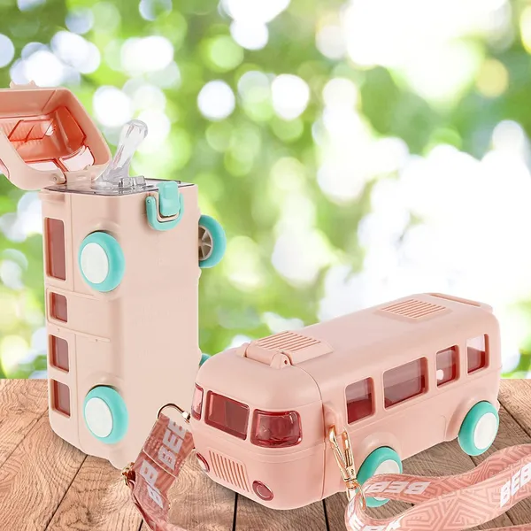 Bus_Water_Bottle_For_Kids_Detachable_Bus_Straw_Water_Cup_With_Shoulder_Strap_Leak-Proof_Kids_Drink_Cup_Cartoon_Water_Jug_Toy_With_Wheels_Toddler_Water_Bottle_(Pink)_-_Plastic,_500_Ml