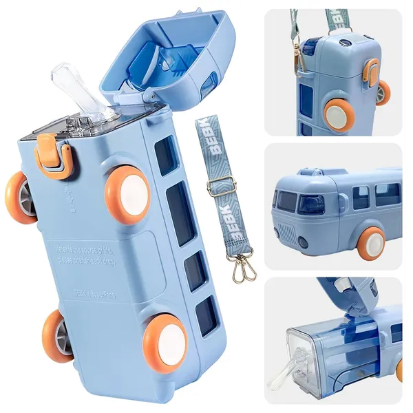Bus_Shape_Water_Bottle_For_Kids_Detachable_Straw_With_Shoulder_Strap_Leak-Proof_Cartoon_Water_Bottle_With_Wheels_(Color-Blue),_Silicone,_500_Ml