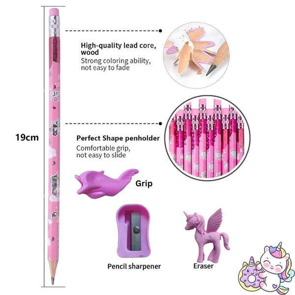 26_Pieces_Unicorn_Pencils_For_Girls,_20_Unicorn_Pencils_With_2_Erasers_2_Grips_2_Sharpeners_Colorful_Kids_Pencils_Cute_Unicorn_School_Supplies_For_Classroom_Reward_Party_Favor_(Unicorn)