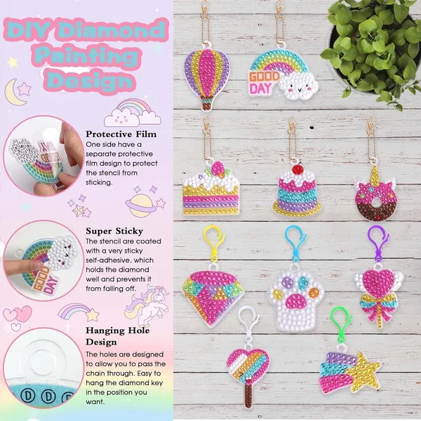 Unicorn_Diamond_Painting_Kit_Gem_Art_Keychains,_5D_Diamond_Art_Craft_Kit_For_Kids,_15_Pcs_Diy_Diamond_Art_Key_Chains_Creative_Decorative_Pendant_Key_Ring_For_Ages_5-12_Birthday_Festival_Gift