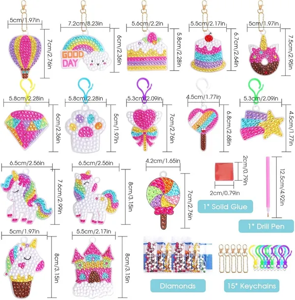 Unicorn_Diamond_Painting_Kit_Gem_Art_Keychains,_5D_Diamond_Art_Craft_Kit_For_Kids,_15_Pcs_Diy_Diamond_Art_Key_Chains_Creative_Decorative_Pendant_Key_Ring_For_Ages_5-12_Birthday_Festival_Gift