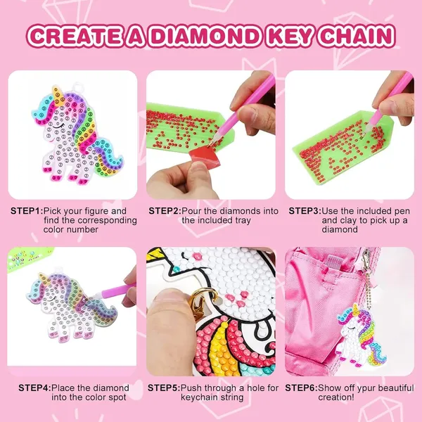 Unicorn_Diamond_Painting_Kit_Gem_Art_Keychains,_5D_Diamond_Art_Craft_Kit_For_Kids,_15_Pcs_Diy_Diamond_Art_Key_Chains_Creative_Decorative_Pendant_Key_Ring_For_Ages_5-12_Birthday_Festival_Gift