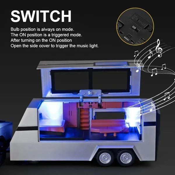 1/32_Alloy_Cyber_Truck_Toy_Pickup_Trailer_Rv_Model_Kit_With_Beach_Motorcycle,_Diecast_Alloy_Metal_Rv_Car_Model_Cyber_Truck_Toy_With_Sound_Light_And_Pull_Back,Birthday_Gifts,_Black
