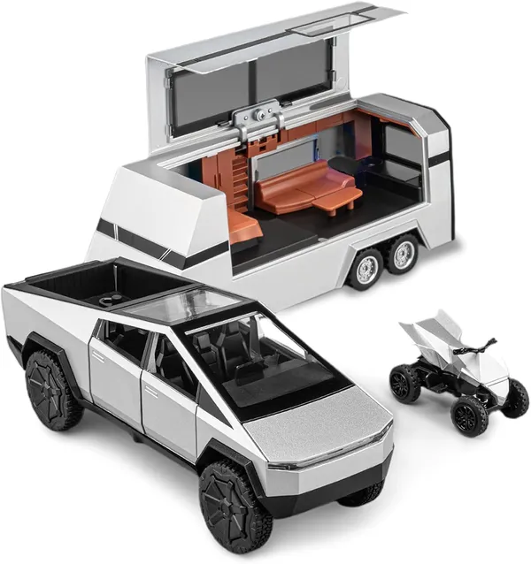 1/32_Alloy_Cyber_Truck_Toy_Pickup_Trailer_Rv_Model_Kit_With_Beach_Motorcycle,_Diecast_Alloy_Metal_Rv_Car_Model_Cyber_Truck_Toy_With_Sound_Light_And_Pull_Back,Birthday_Gifts,_Black