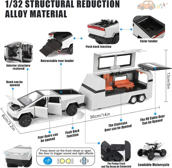 1/32_Alloy_Cyber_Truck_Toy_Pickup_Trailer_Rv_Model_Kit_With_Beach_Motorcycle,_Diecast_Alloy_Metal_Rv_Car_Model_Cyber_Truck_Toy_With_Sound_Light_And_Pull_Back,Birthday_Gifts,_Black