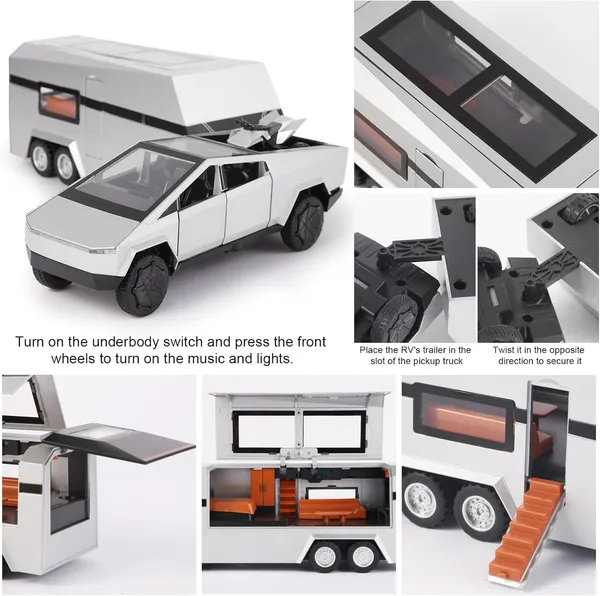 1/32_Alloy_Cyber_Truck_Toy_Pickup_Trailer_Rv_Model_Kit_With_Beach_Motorcycle,_Diecast_Alloy_Metal_Rv_Car_Model_Cyber_Truck_Toy_With_Sound_Light_And_Pull_Back,Birthday_Gifts,_Black