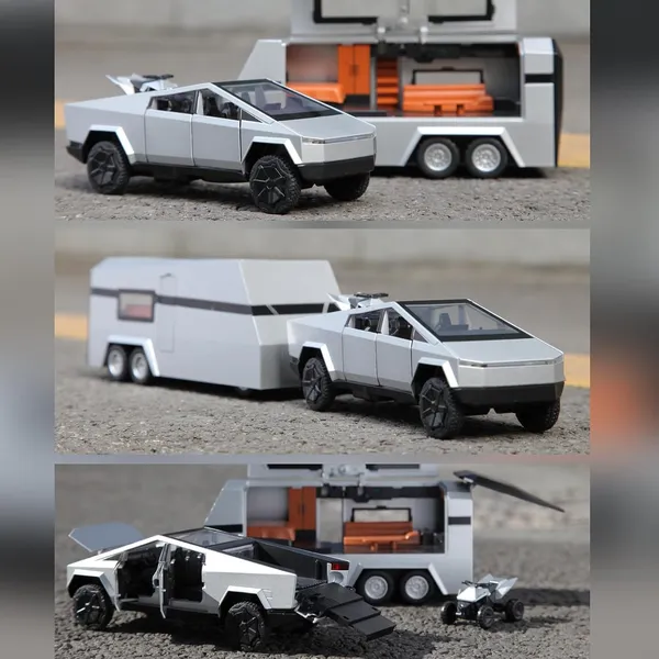 1/32_Alloy_Cyber_Truck_Toy_Pickup_Trailer_Rv_Model_Kit_With_Beach_Motorcycle,_Diecast_Alloy_Metal_Rv_Car_Model_Cyber_Truck_Toy_With_Sound_Light_And_Pull_Back,Birthday_Gifts,_Black