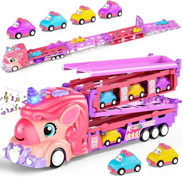 Unicorn_Truck_Trailer_With_6_Cars_Friction_Powered_Foldable_Race_Track_Truck_Toys_For_Toddler_Girls_Toy_Car_Set,_2-Player_Fold_Out_Trailer_With_Light_&_Sound_Toys_Birthday_Gifts