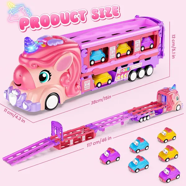 Unicorn_Truck_Trailer_With_6_Cars_Friction_Powered_Foldable_Race_Track_Truck_Toys_For_Toddler_Girls_Toy_Car_Set,_2-Player_Fold_Out_Trailer_With_Light_&_Sound_Toys_Birthday_Gifts