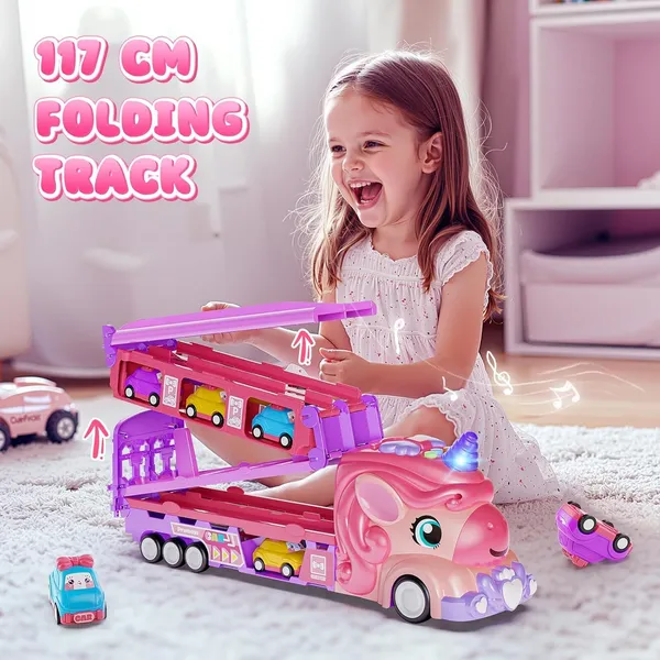 Unicorn_Truck_Trailer_With_6_Cars_Friction_Powered_Foldable_Race_Track_Truck_Toys_For_Toddler_Girls_Toy_Car_Set,_2-Player_Fold_Out_Trailer_With_Light_&_Sound_Toys_Birthday_Gifts