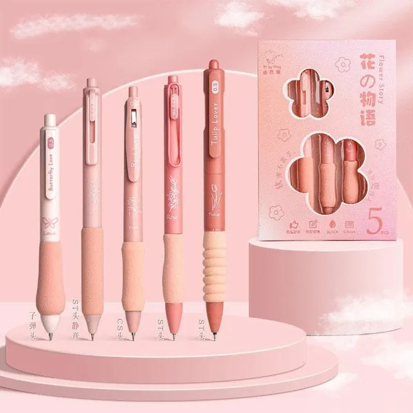 Pink_Flowers_Theme_Cute_Gel_Pens_5Pcs_Retractable_Quick_Dry_Ink_Pens_0.5Mm_Fine_Point_Blue_Ink_Kawaii_Smooth_Writing_Pens_For_School_Office_Supplies_Aesthetic_Pretty_Pens