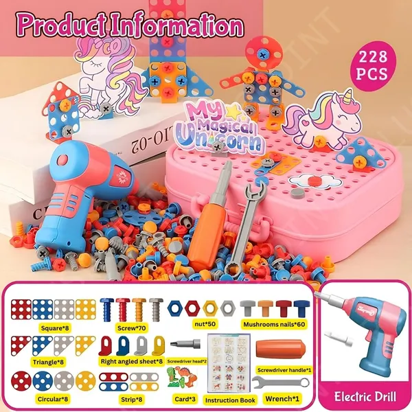 Unicorn_Drill_Toy_For_Kids_228Pc_Unicorn_Theme_3D_Stem_Construction_Puzzle_Toy_Electric_Working_Drill_With_Fix_Tool_Box,_Girls_Engineering_Building_Kits,_Birthday_For_Boys_3-9_Yrs_Old