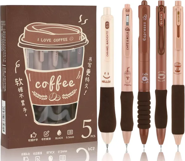 Cute_Gel_Pen,_5_Pcs_Coffee_Gel_Pen_With_Soft_Rubber_Grip_0.5Mm_Fine_Point_Retractable_Pens_Kawaii_Blue_Ink_Smooth_Writing_Pens_For_School_Journaling_Stationery_Office_Supplies