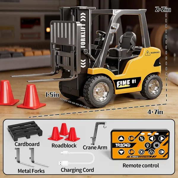 1/64_RC_Forklift_Toy,_Remote_Control_Forklift_Truck_with_Rechargeable_Battery,_10_Channel_2_Modes,_Transformable_Lift_Fork_&_Hook,_Lights_&_Sounds,_Construction_Toy