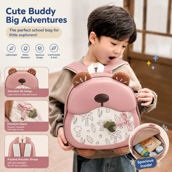 Pink_Polyester_Bear_Face_Cartoon_School_Backpack_For_Kids
